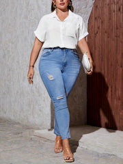  Solid Button Up Short Sleeve Blouse