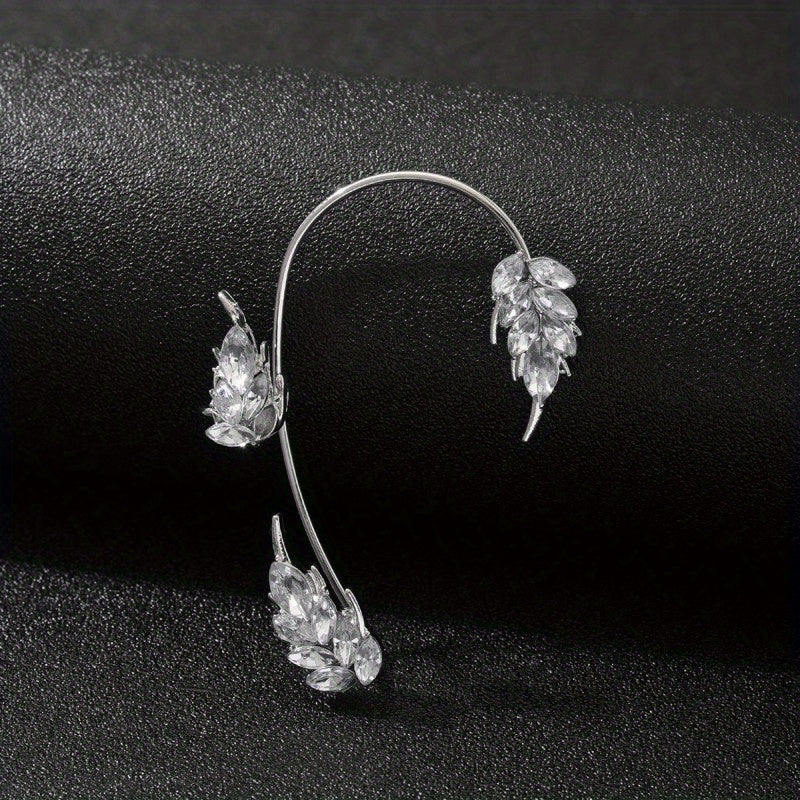 Leaf Feather Ear Hanging Light Flash Zirconium Ear Clip Earrings