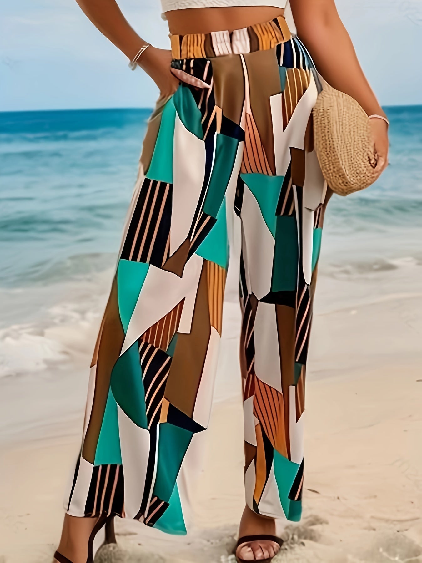  Colorblock Geometric Print Wide Leg Pants With Pockets