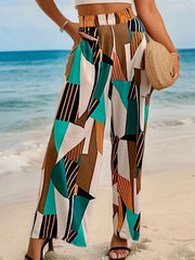  Colorblock Geometric Print Wide Leg Pants With Pockets