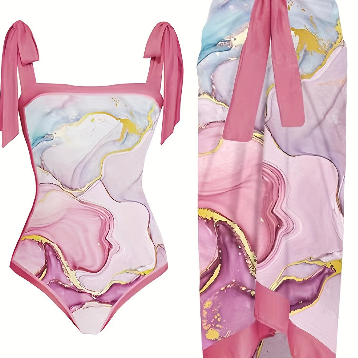 Pink Marble Print Tie Shoulder 2 Piece Swimsuit Set