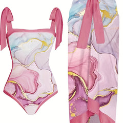 Pink Marble Print Tie Shoulder 2 Piece Swimsuit Set