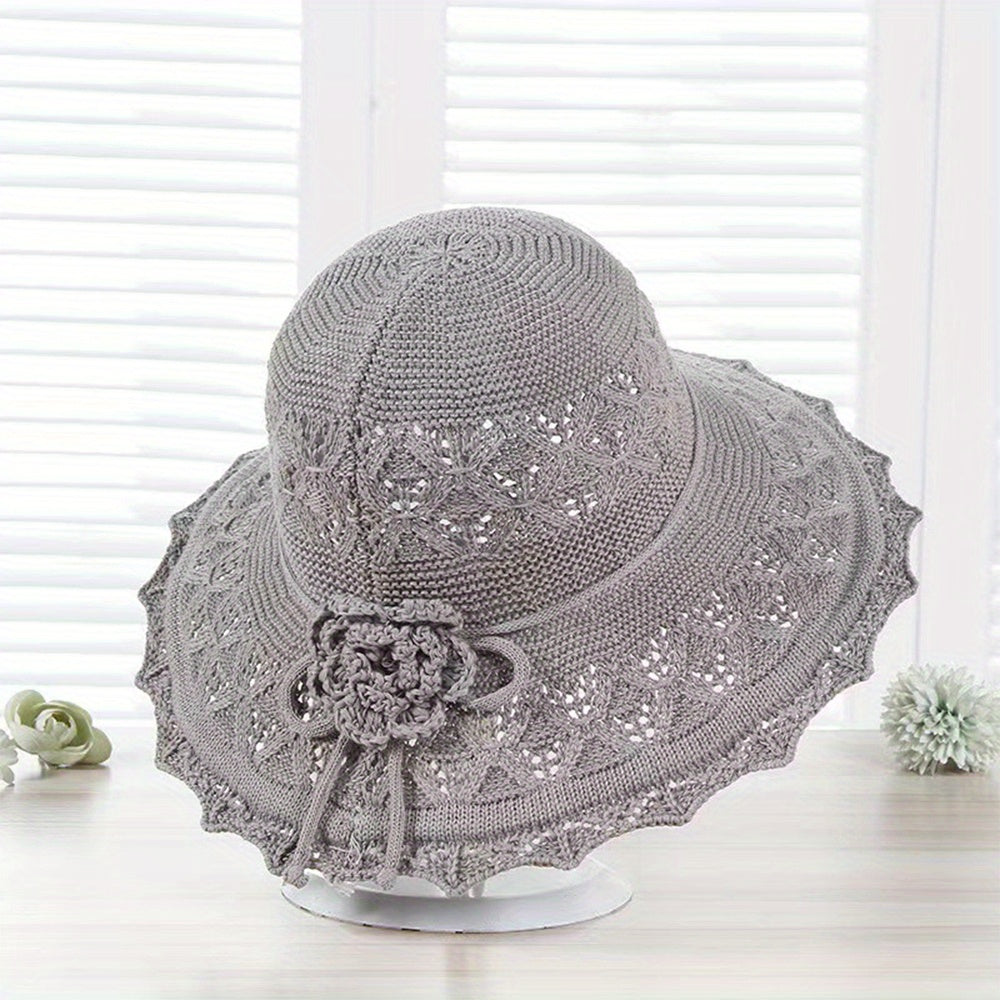 Pink Knitted Flower Sun Hat Hollow Breathable Foldable Bucket Hat