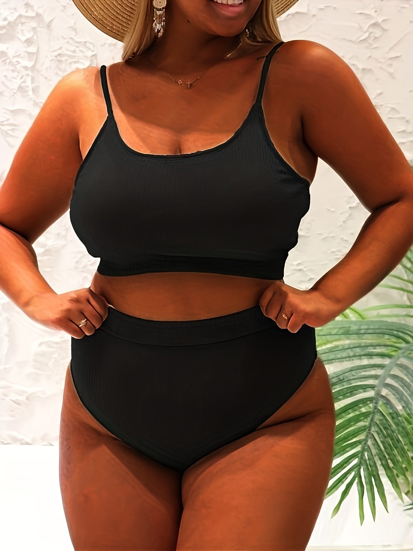  Casual Bikini Set Solid Round Neck Cami Top & Underwear Swimsuit