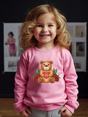 Cartoon Bear Print Girls Casual Pullover Sweatshirt Long Sleeve Tops