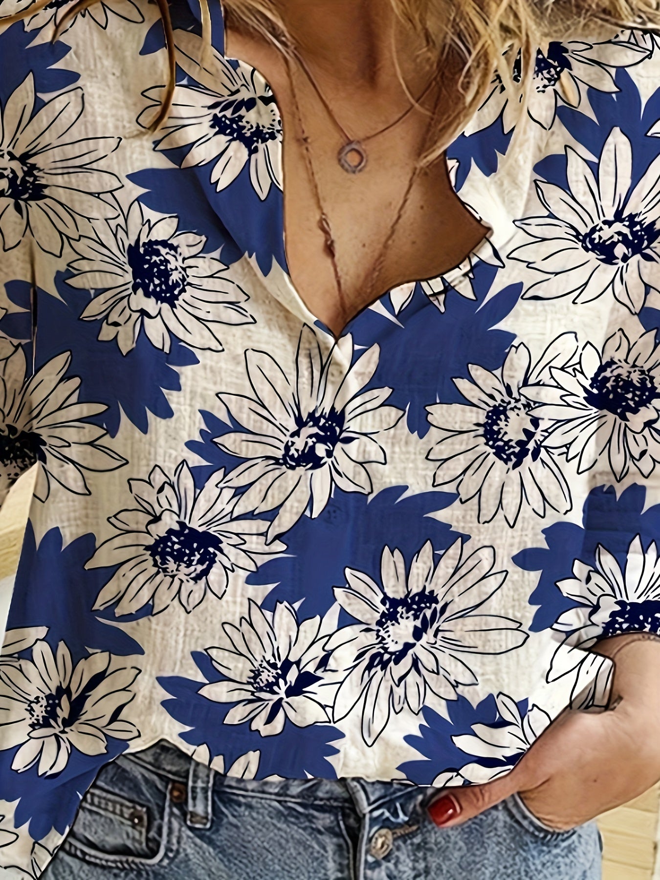  Daisy Print Button Up Collar Shirt