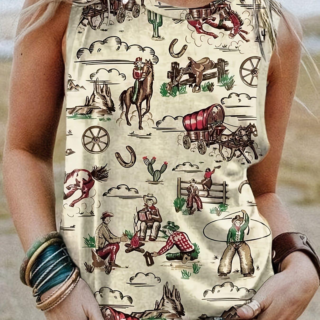  Cartoon Figure Cactus Print Tank Top Round Neck Medium Stretch Tank