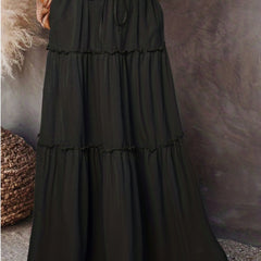  Solid Elastic Drawstring Maxi Skirt