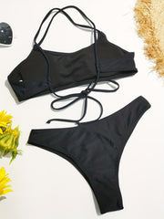 Criss Cross Strappy Back High Cut Black Bikini Set