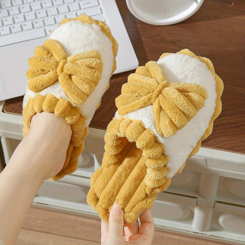 Women's Bowknot Slippers Round Toe Colorblock Warm Fluffy Home Shoes