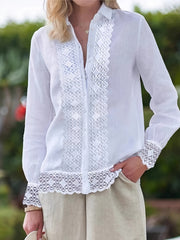  Solid Contrast Lace Button Long Sleeve Blouse