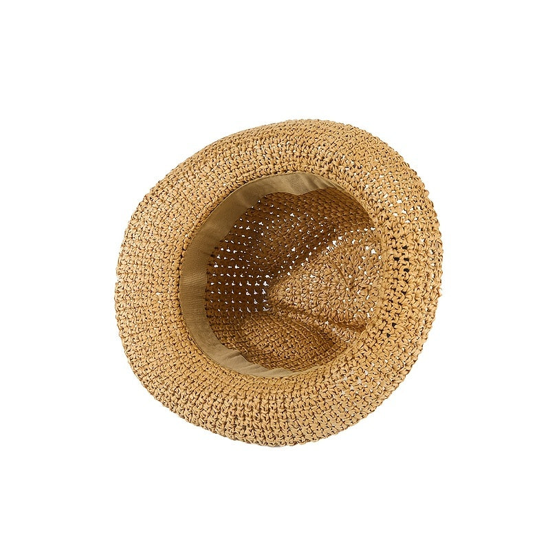 Curved Brim Brown Sun Hat Hollow Crochet Fedora Cap Women's