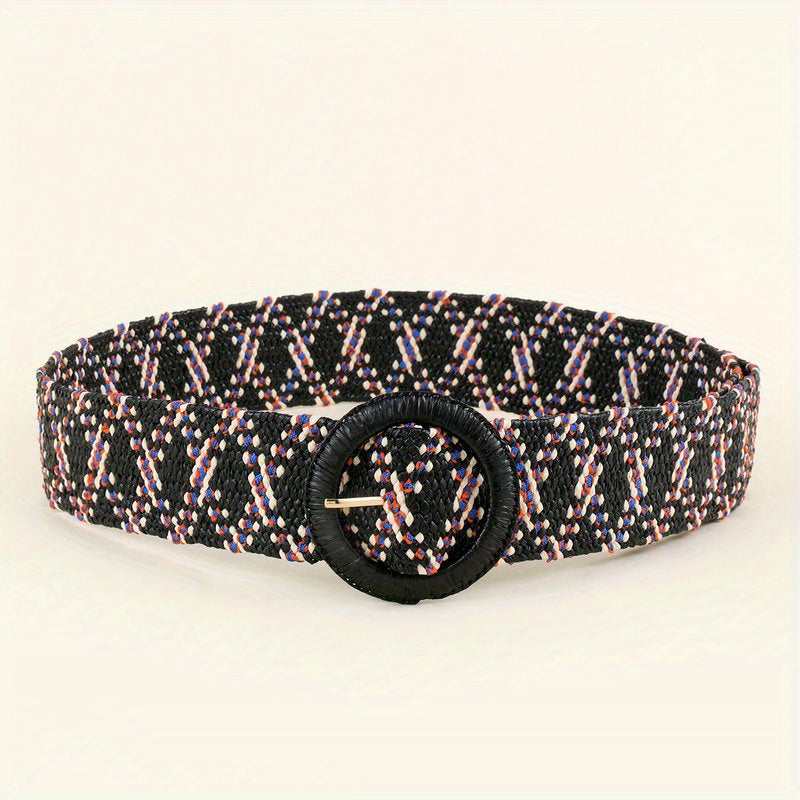 Vintage Braided Straw Belt with Round Buckle for Women