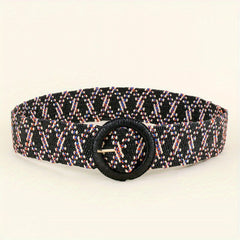 Vintage Braided Straw Belt with Round Buckle for Women