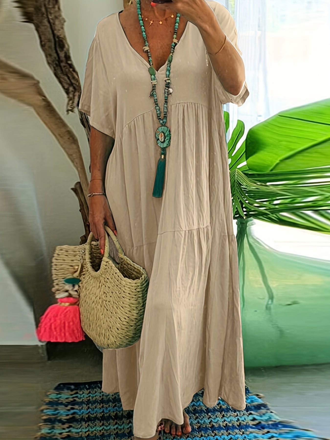  Solid V Neck Ruffle Trim Smock Dress