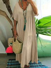  Solid V Neck Ruffle Trim Smock Dress