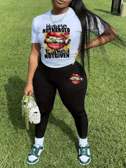  Casual 2pc Set Art Print Short Sleeve Round Neck Crop Top & Leggings