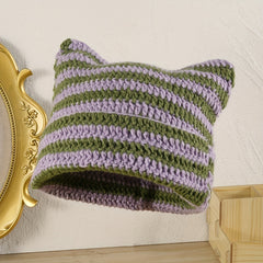 Striped Knitted Beanie Hat Cat Ears Pullover Hat For Men And Women