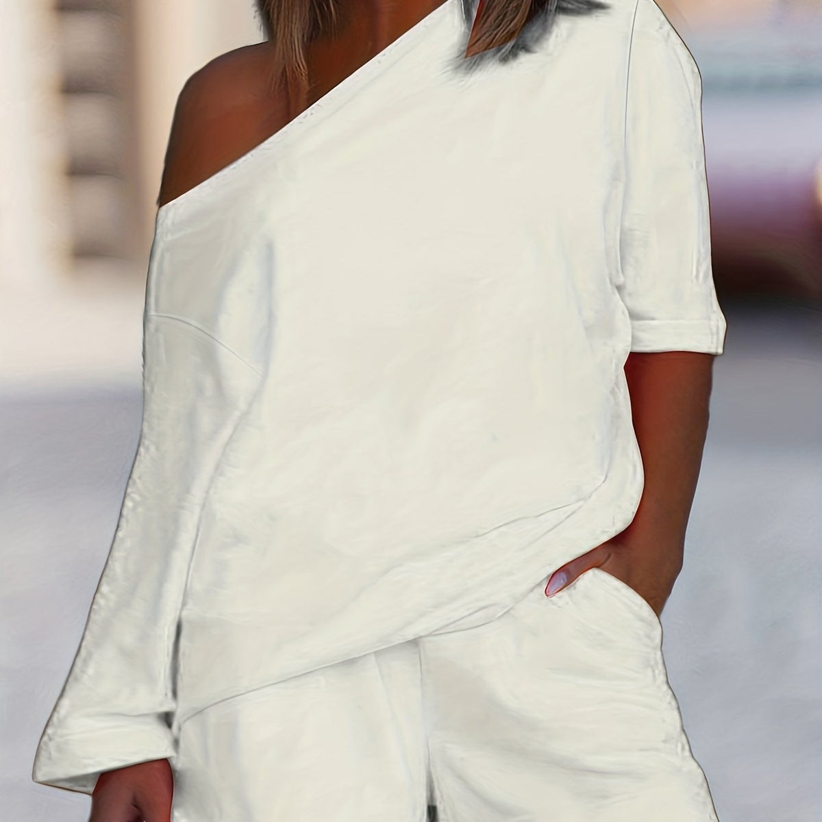 Women's Plus Solid One Shoulder Tee & Shorts Outfit Set