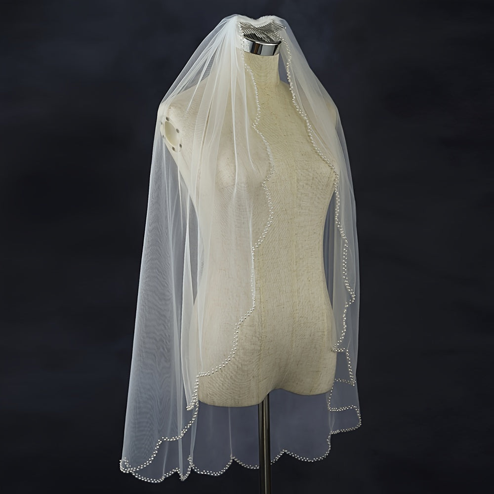 Hand Beaded Bridal Veil with Pearls Wedding Veil Fingertip Length