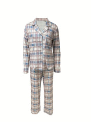  Plaid Print Button Up Shirt & Pants Pajama Set