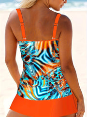  Random Print Tankini Set Crew Neck Cami Top & Skort Swimsuit