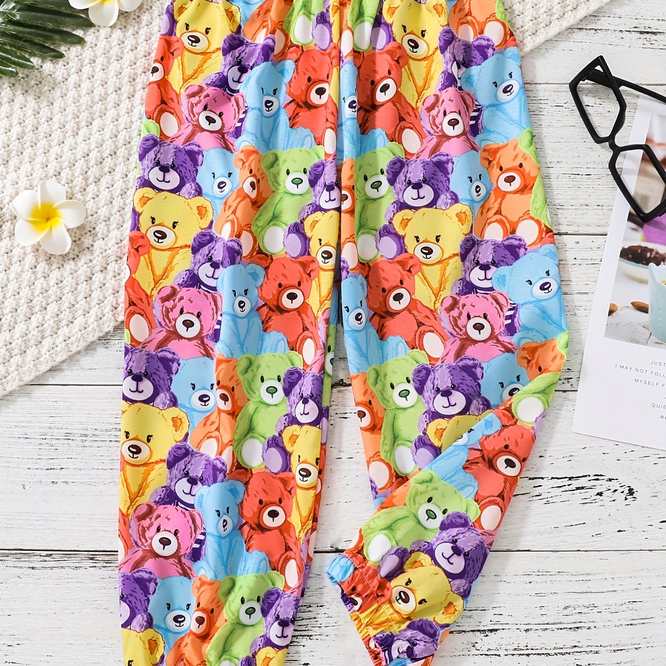 Girls Casual Bear Graphics Trousers, Loose Fit Pants