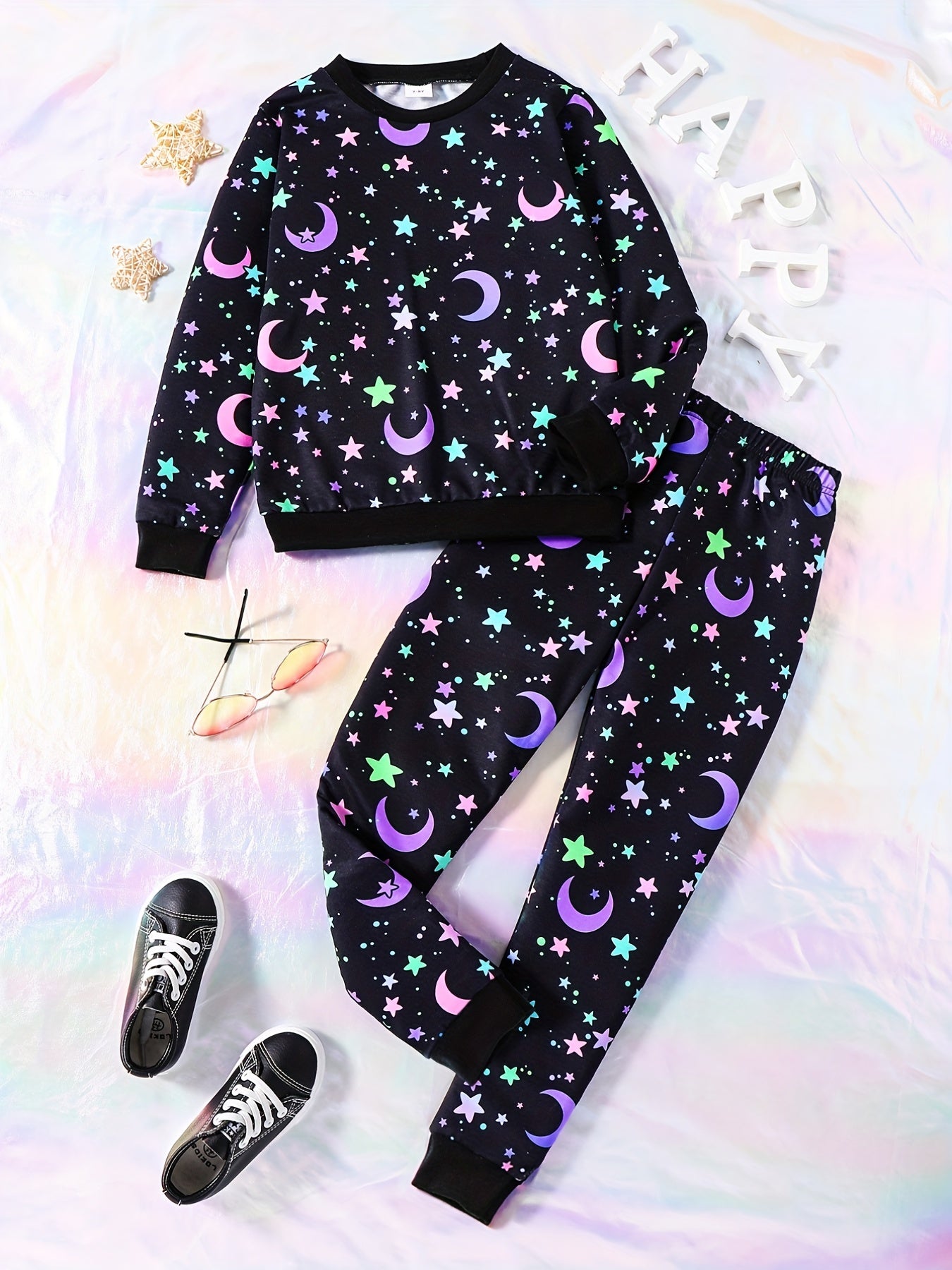 Girl's Star Moon Outfit 2pcs Sweatshirt & Sweatpants Set for Spring Fall