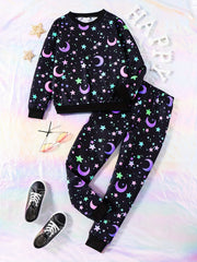 Girl's Star Moon Outfit 2pcs Sweatshirt & Sweatpants Set for Spring Fall
