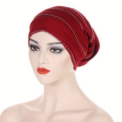 Pleated Satin Turban Cap Rhinestone Decor Head Wraps Elastic Hijab Hats