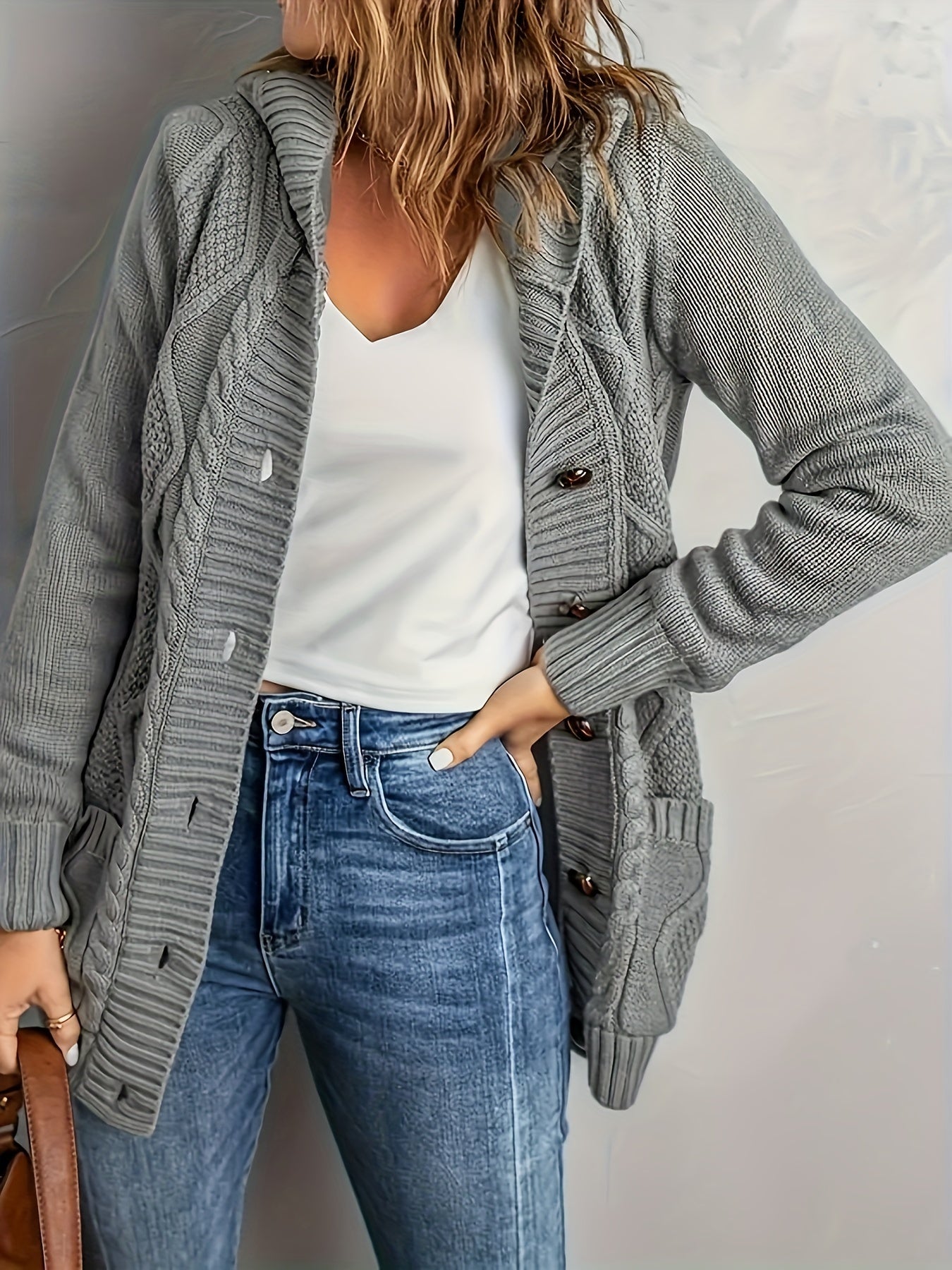  Solid Long Sleeve Hooded Sweater Cardigan