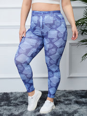  Geometric & Denim Print High Rise Fitness Leggings Women's Plus