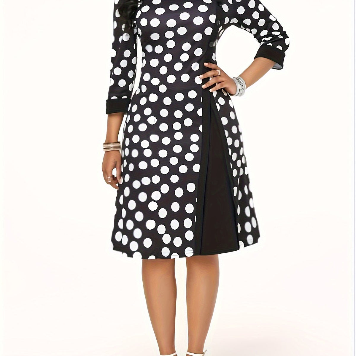  Colorblock Dot Print Round Neck Dress