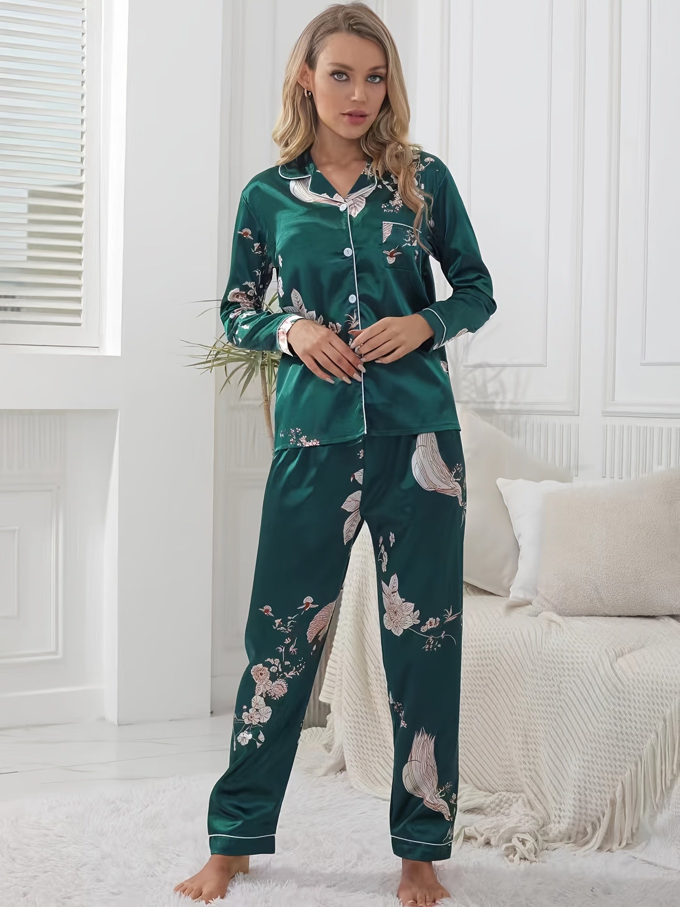 Floral Satin Pajama Set Long Sleeve Tops & Pants Women's Loungewear