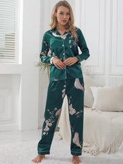 Floral Satin Pajama Set Long Sleeve Tops & Pants Women's Loungewear