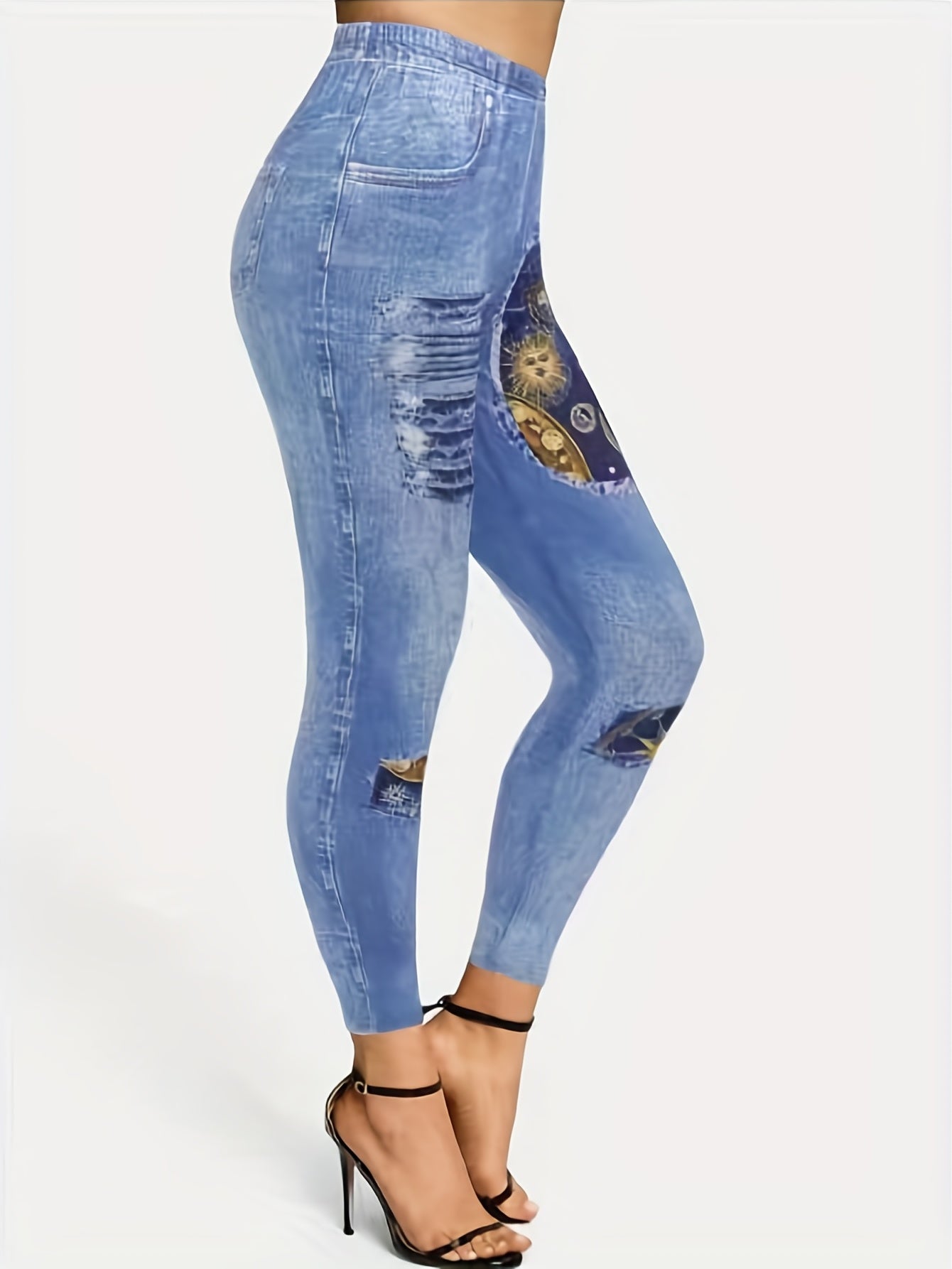  Women's Denim & Sun Print Slim Fit Leggings