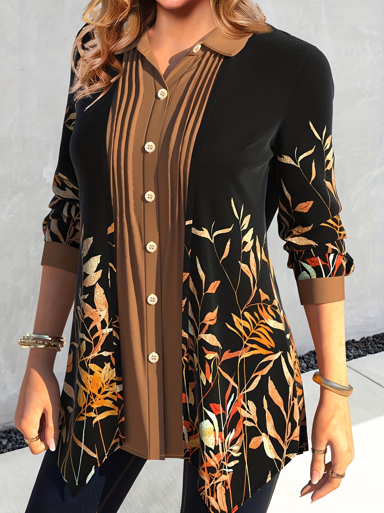  Leaf Print Button Up Long Sleeve Blouse
