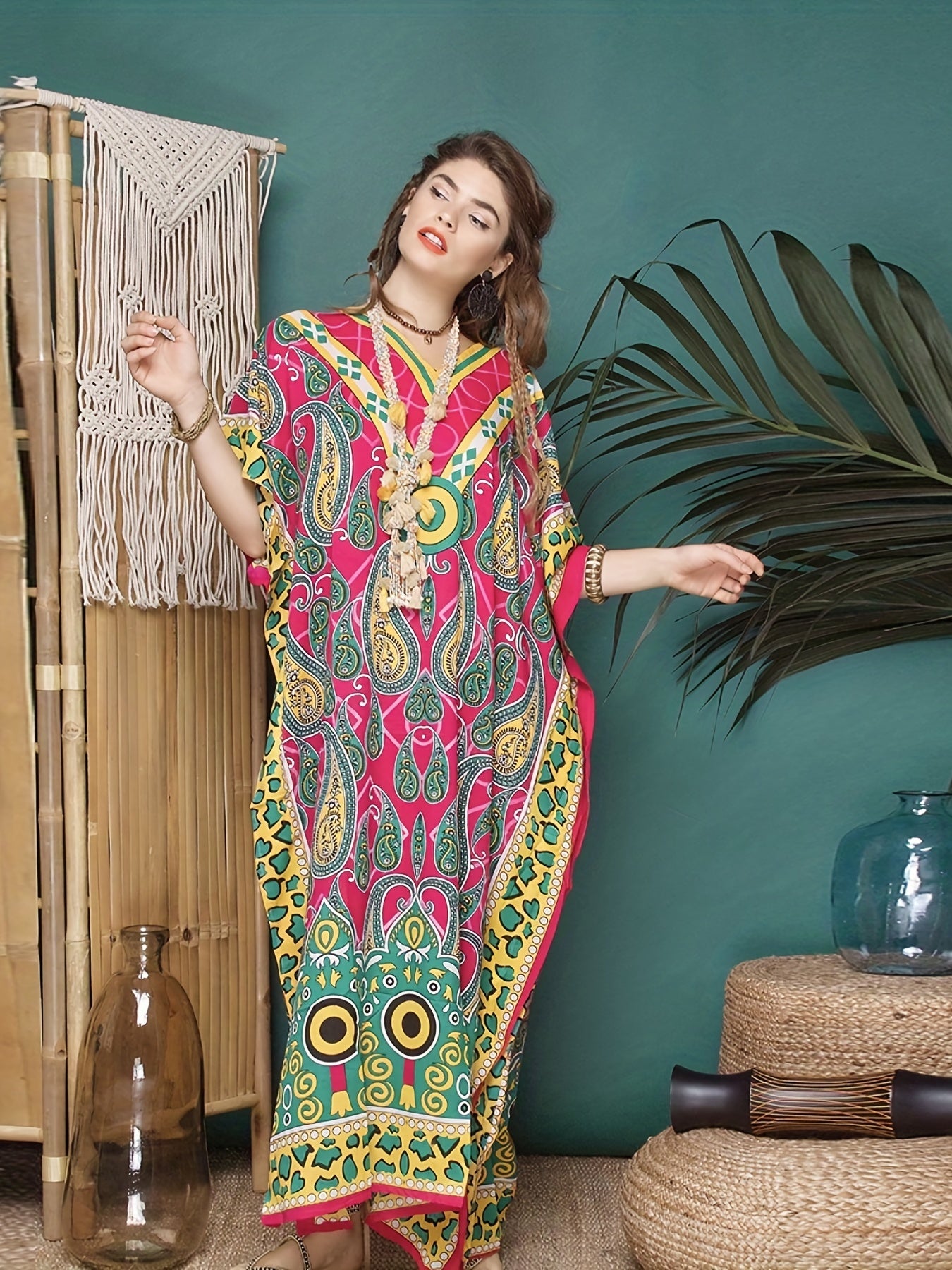  Boho Cover Up African Ethnic Print Bat Sleeve V Neck Split Dress