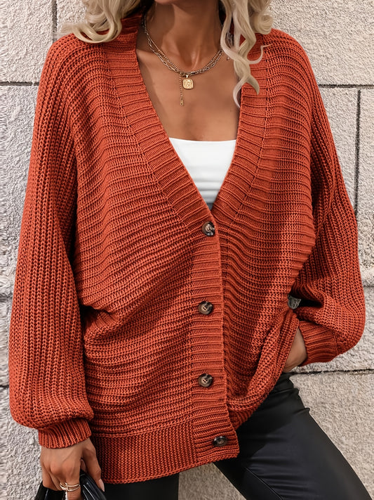  Solid Button Up Lantern Sleeve V Neck Cardigan