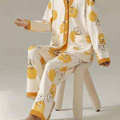 Bear Print Pajama Set Long Sleeve Top & Pants Women's Sleepwear