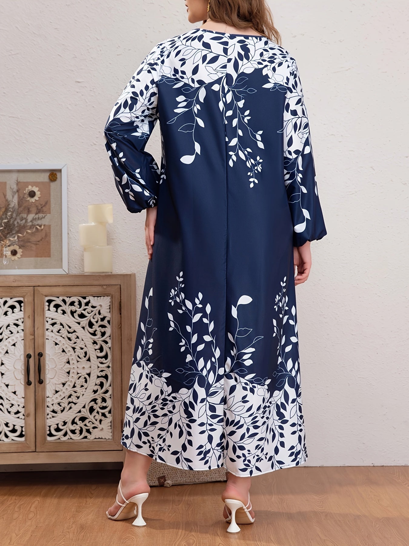  Boho Abaya Dress Women's Plus Leaf Print Lantern Sleeve Round Neck
