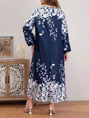  Boho Abaya Dress Women's Plus Leaf Print Lantern Sleeve Round Neck