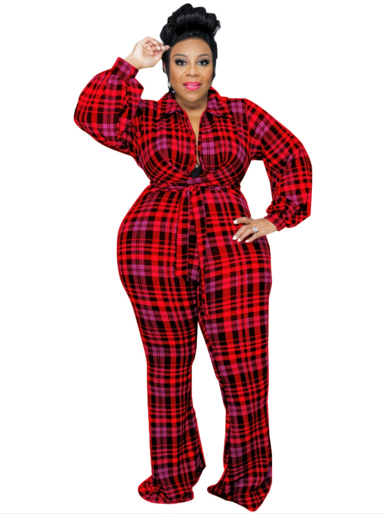  Plaid Lantern Sleeve Jumpsuit with Flared Leg