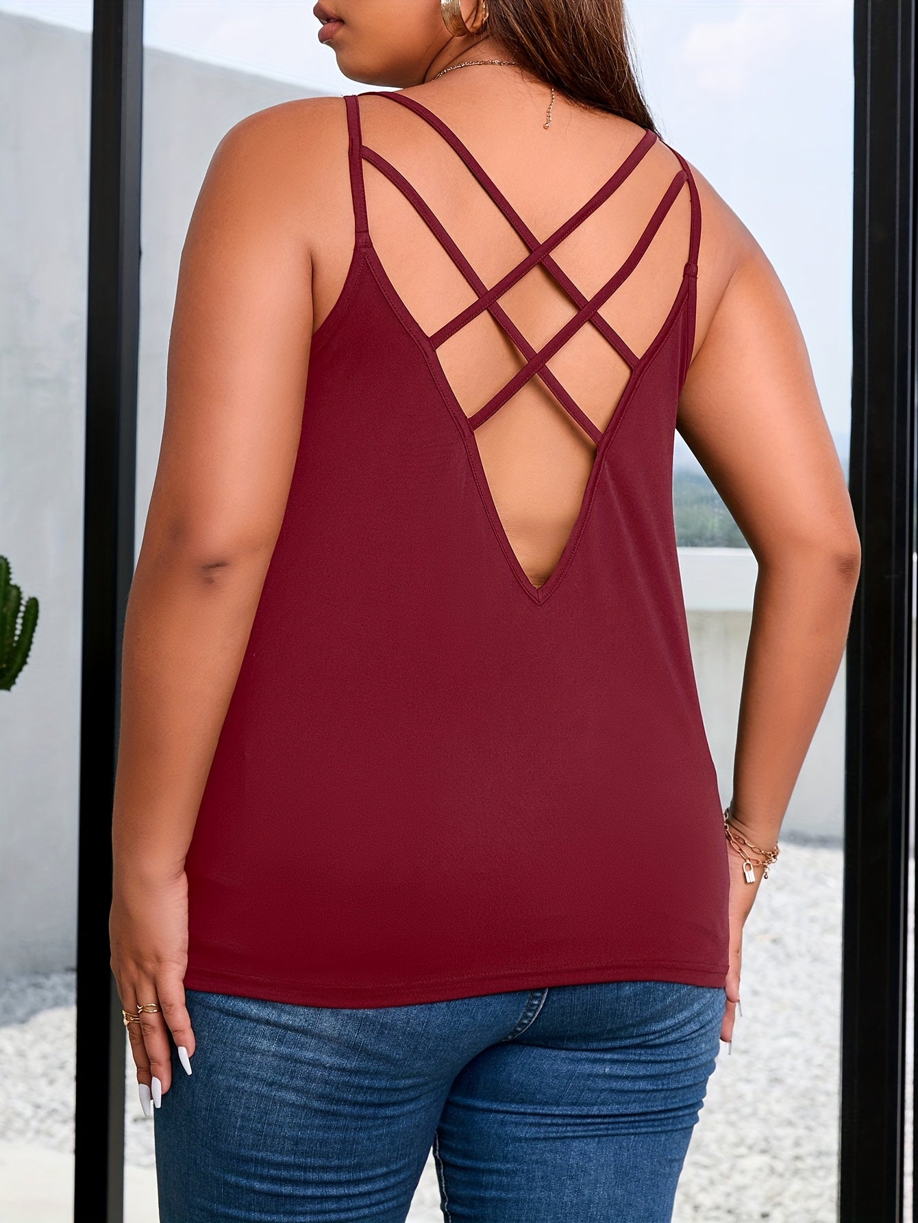  Casual Cami Top Women's Plus Solid Round Neck Slight Stretch Cami Top