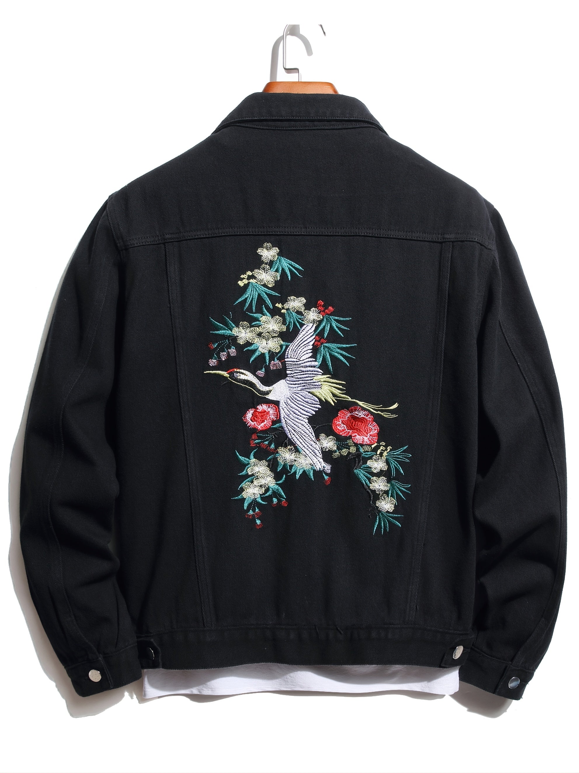 Men's Crane Embroidered Denim Jacket Hip Hop Style
