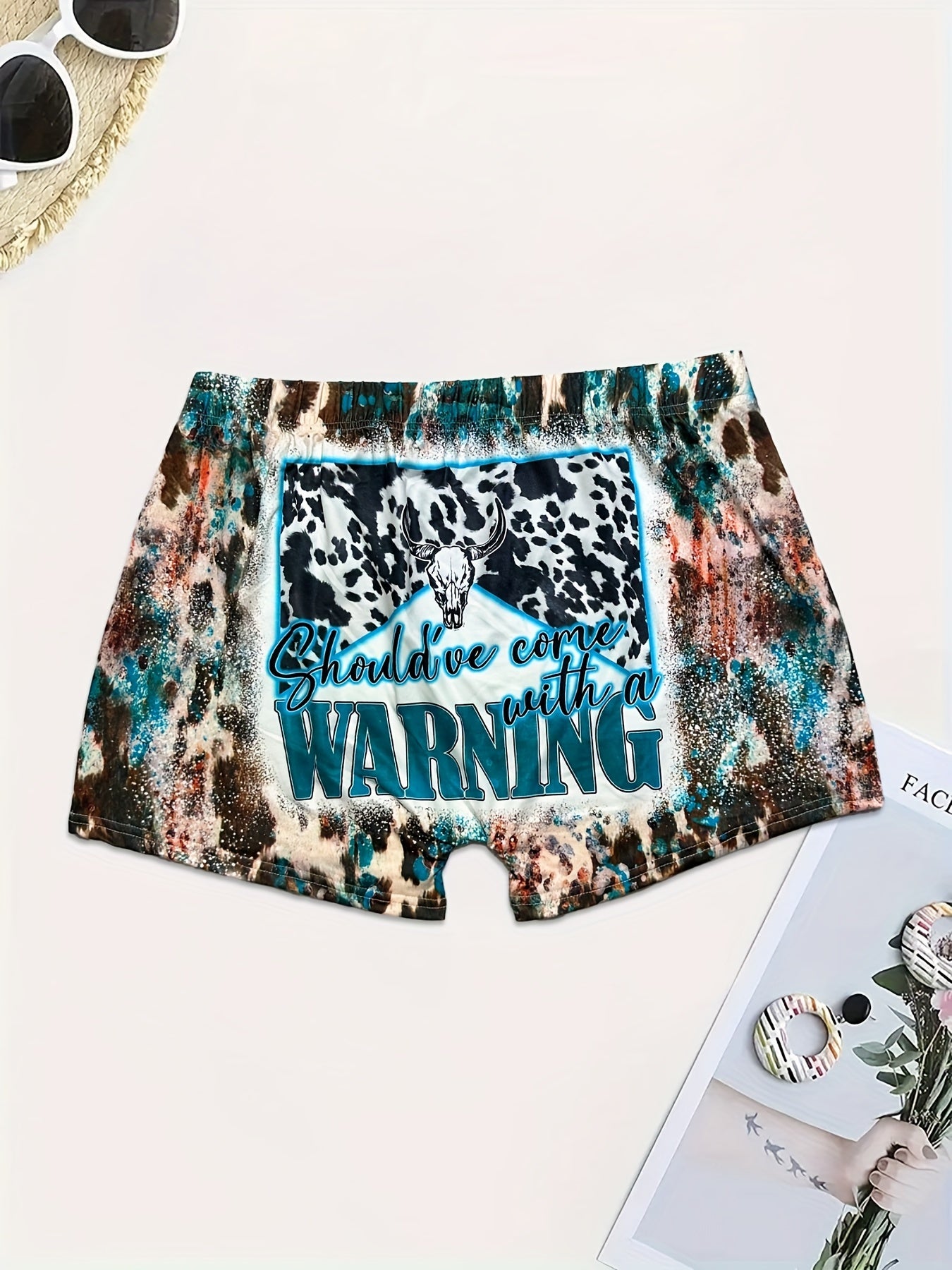  Western Style Leopard & Bull Skull Print Tie Dye Shorts