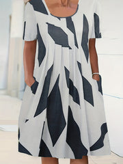  Geometric Print Short Sleeve Round Neck Pleated Dress With Pockets