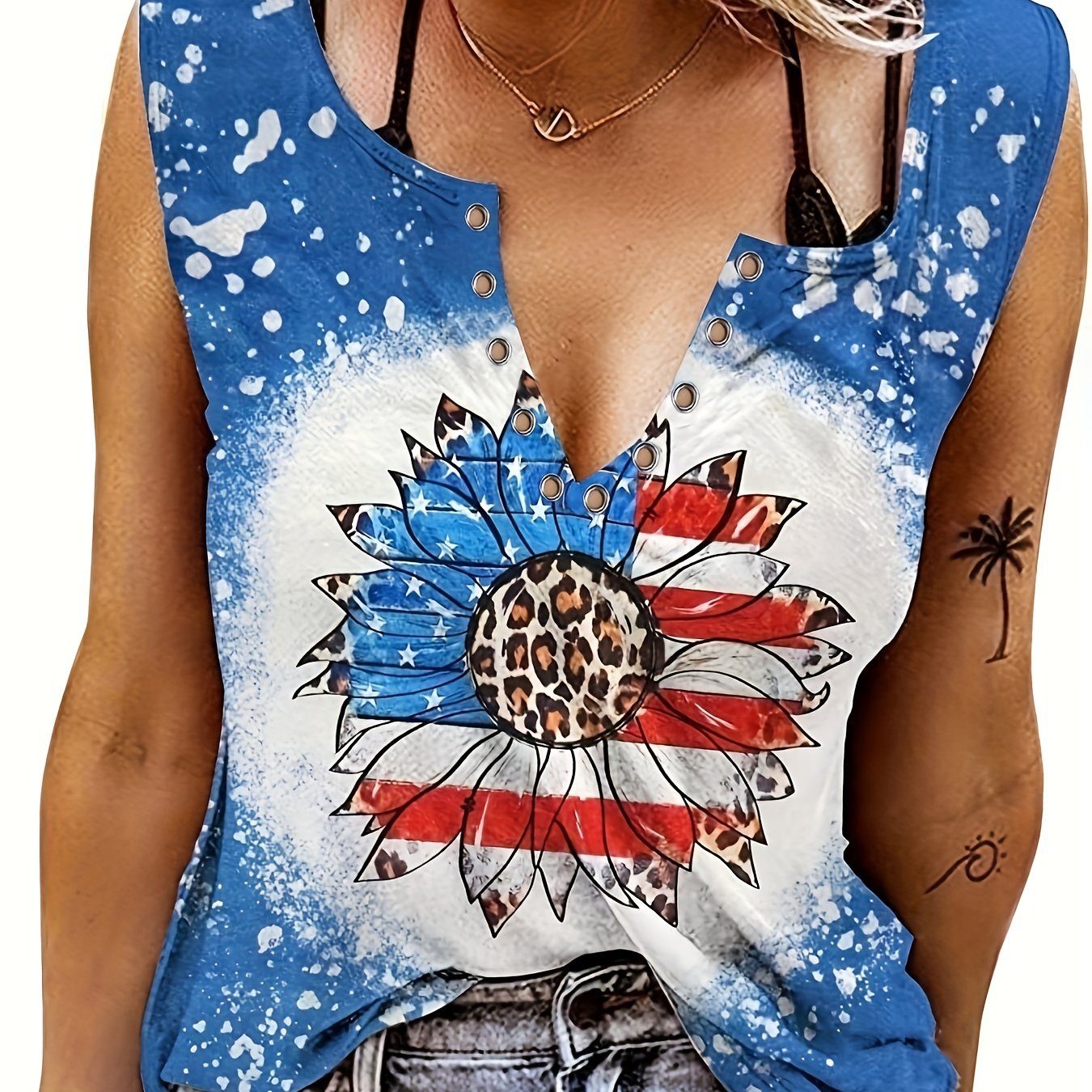 Tie Dye Flags Print Tank Top Sexy V Neck Sleeveless Top Women's Clothing