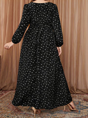 Plus Size Retro Dress Women's Plus Ditsy Floral Print Lantern Sleeve Square Neck