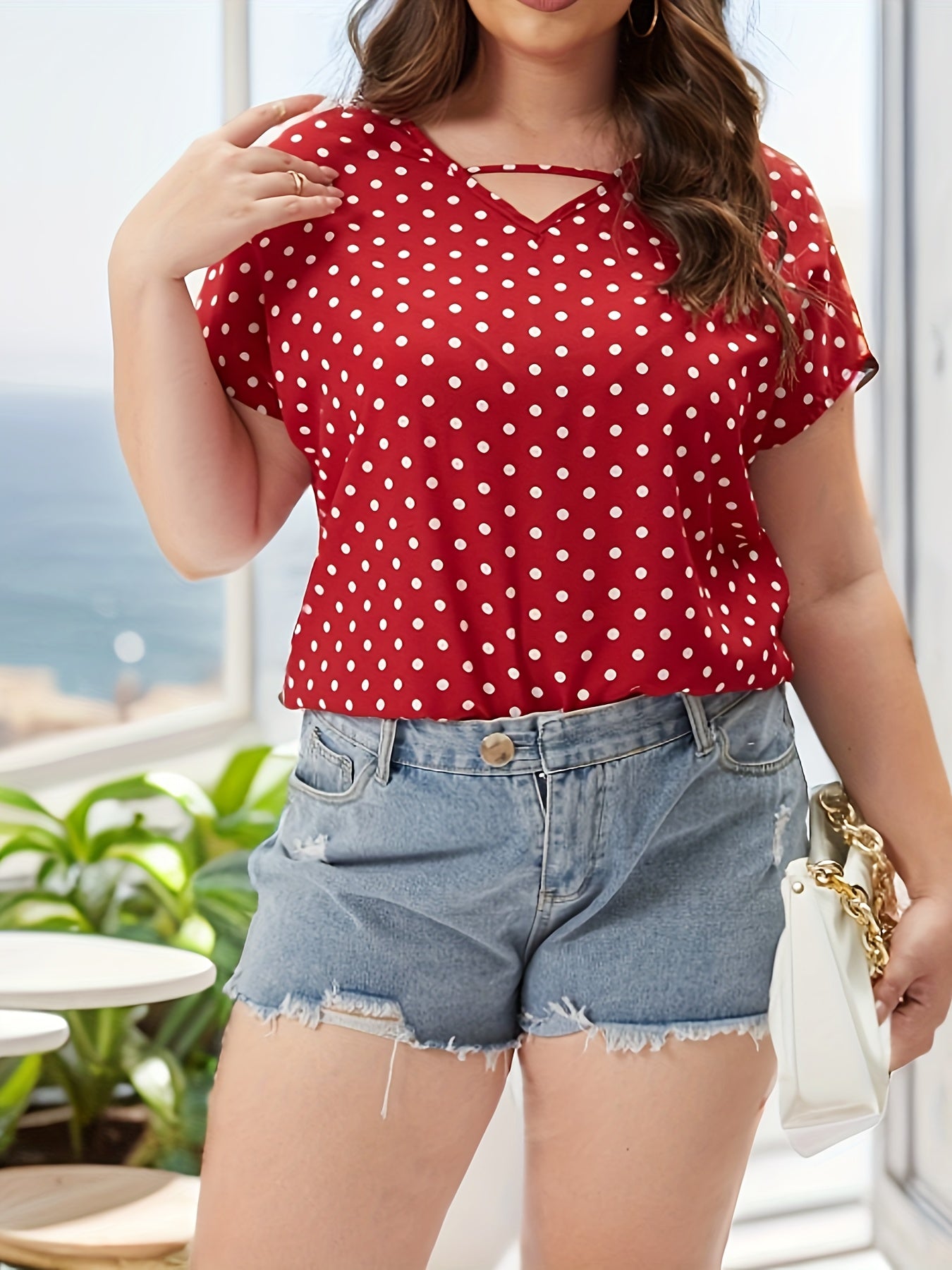  Polka Dot Print V Neck Top